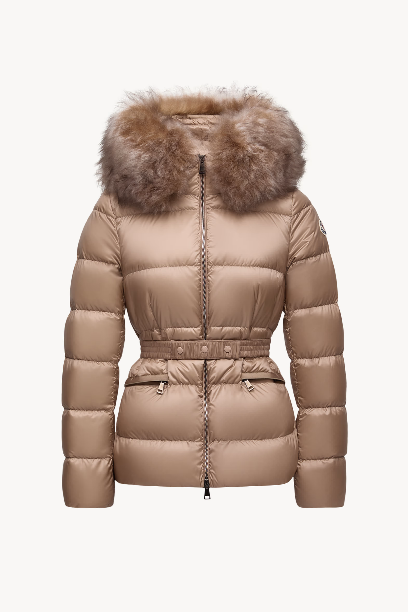 Boed Hooded Shearling-Trimmed Short Down Jacket Women Camel Beige Moncler 2